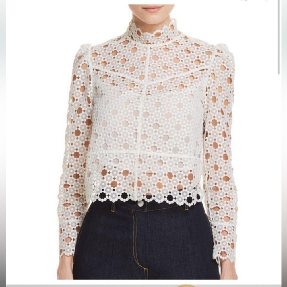 Sandro White Floral Crochet High-Neck Blouse